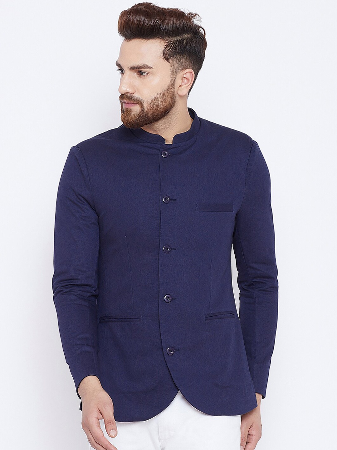 

CHILL WINSTON Men Navy Blue Solid Single-Breasted Pure Cotton Bandhgala Blazer