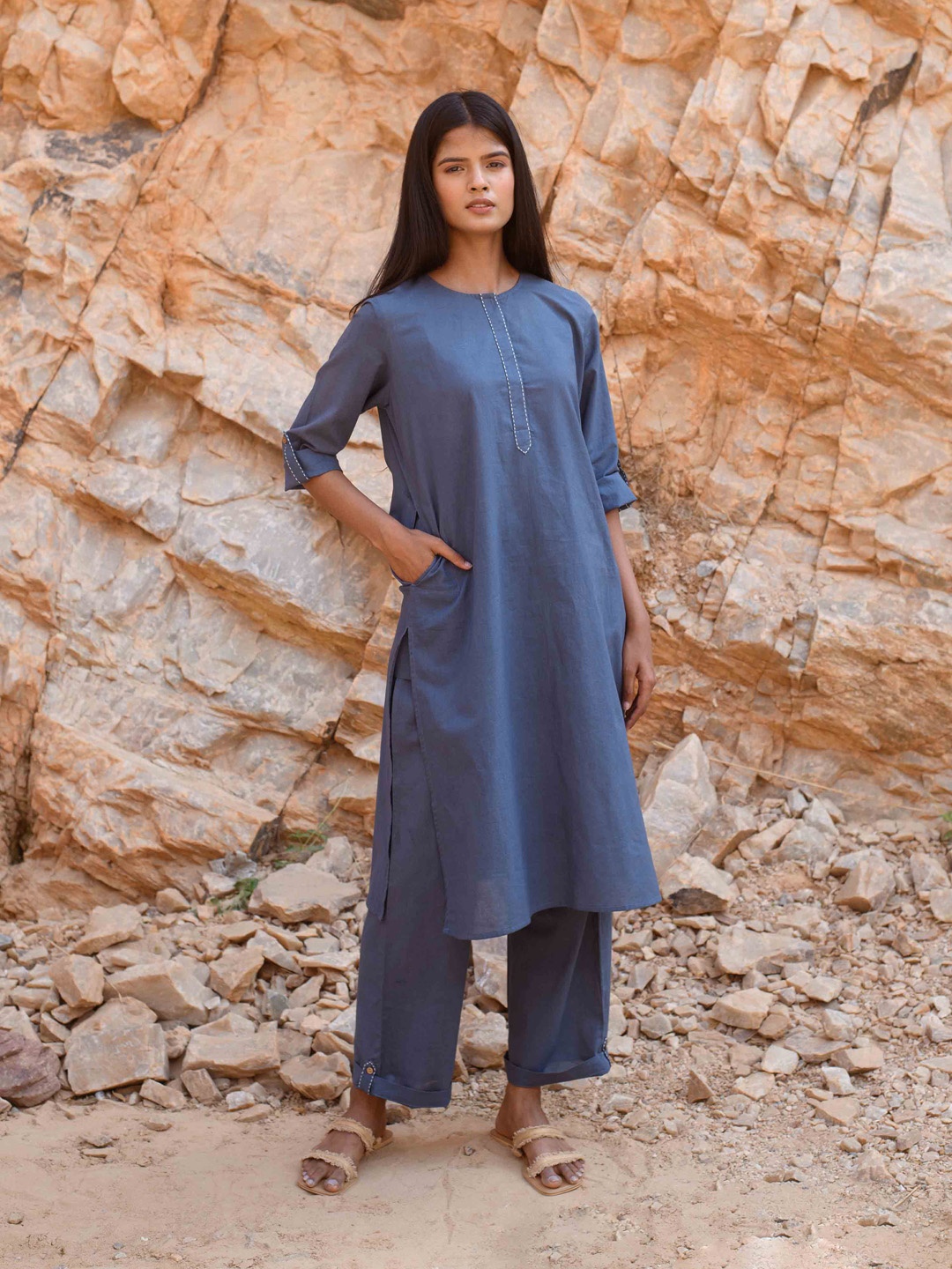 

Kapraaha Women Navy Blue Pure Cotton Kurta with Trousers