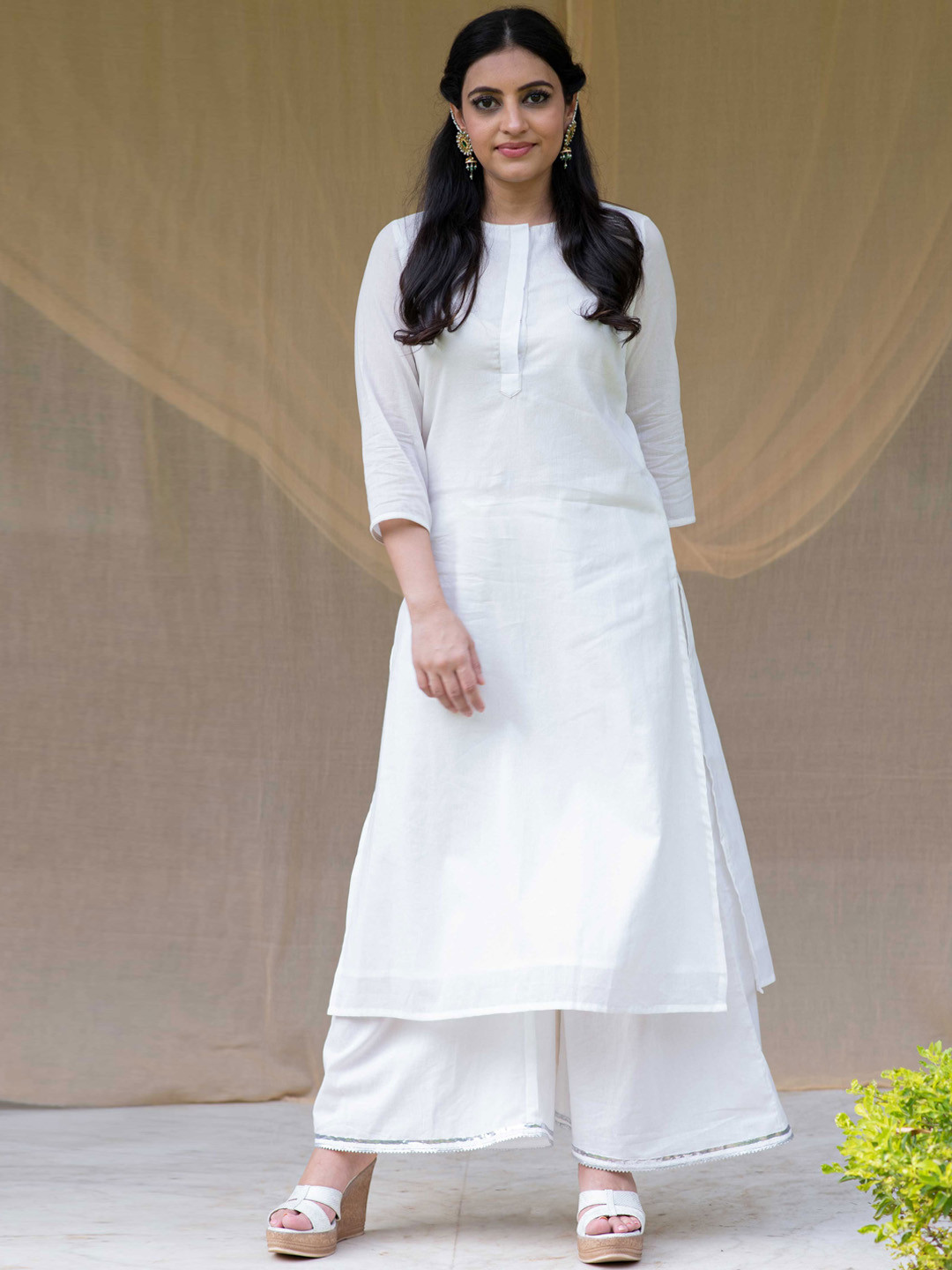 

Kapraaha Women White Pure Cotton Kurta with Palazzos & With Dupatta