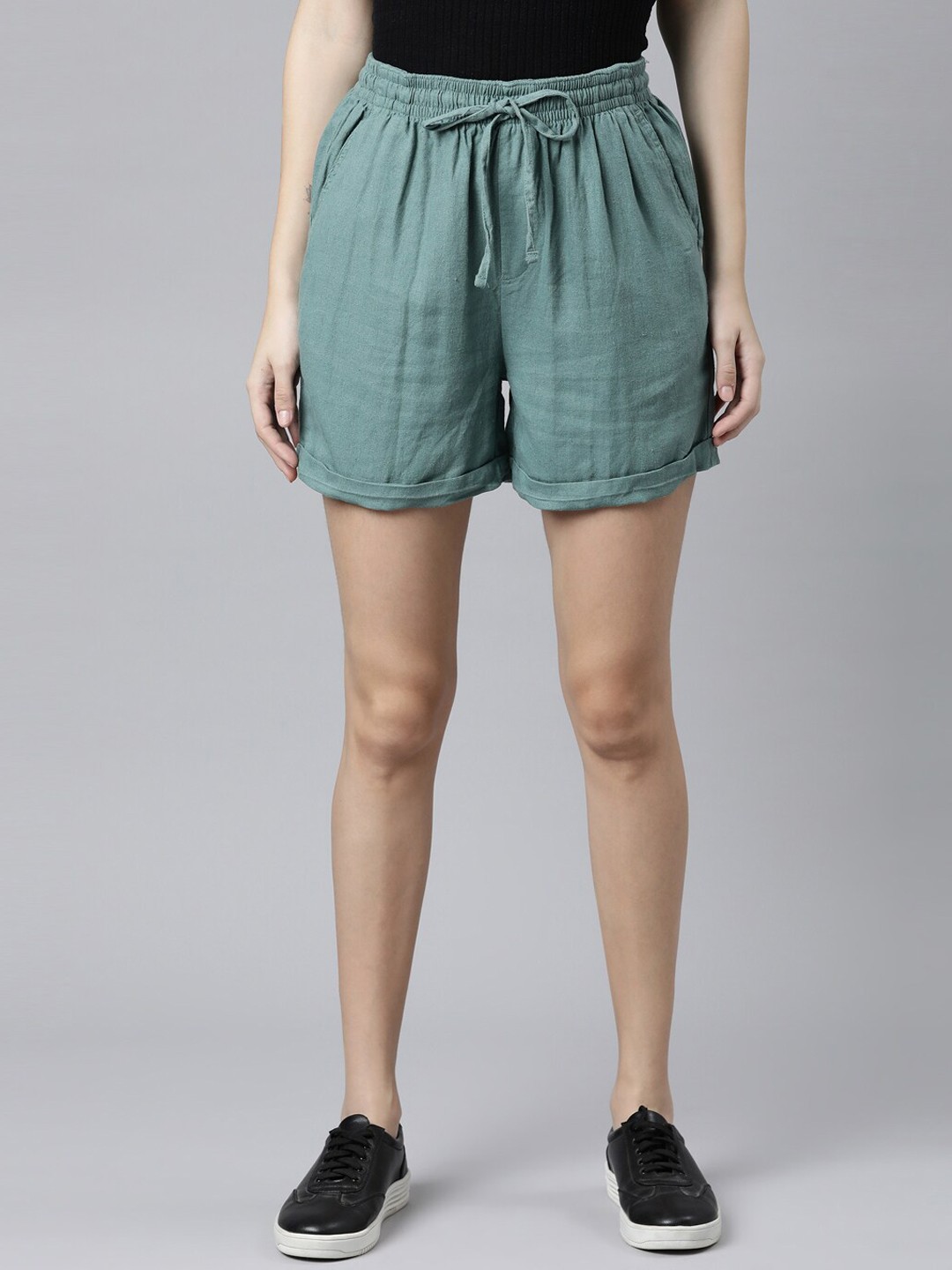 

Go Colors Women Green High-Rise Linen Shorts