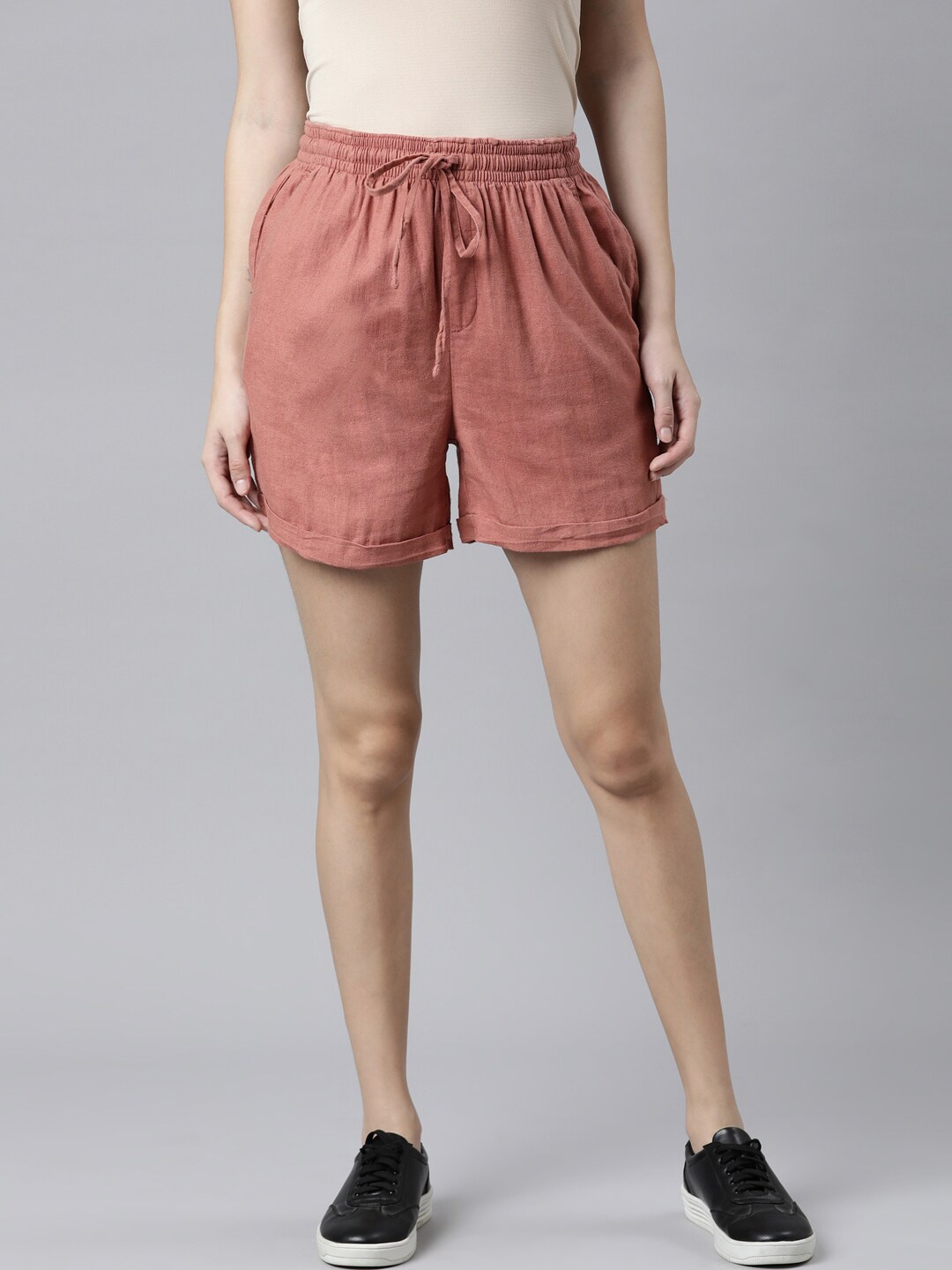 

Go Colors Women Rust Red High-Rise Linen Shorts