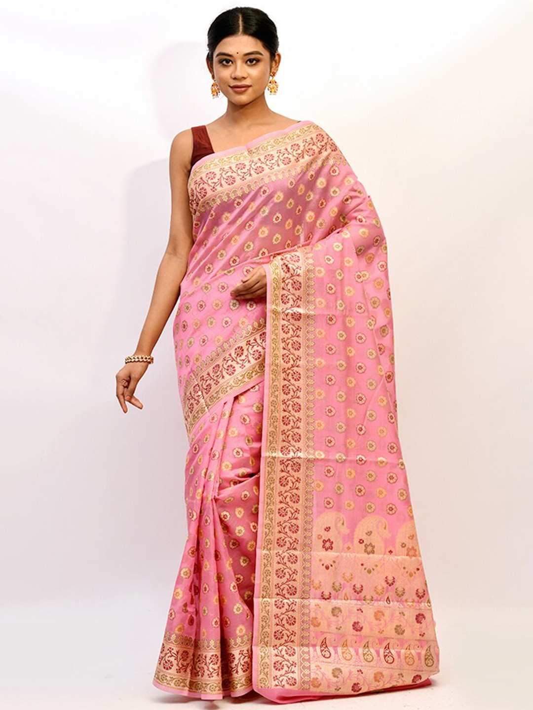 

AllSilks Pink & Gold-Toned Woven Design Zari Silk Cotton Saree