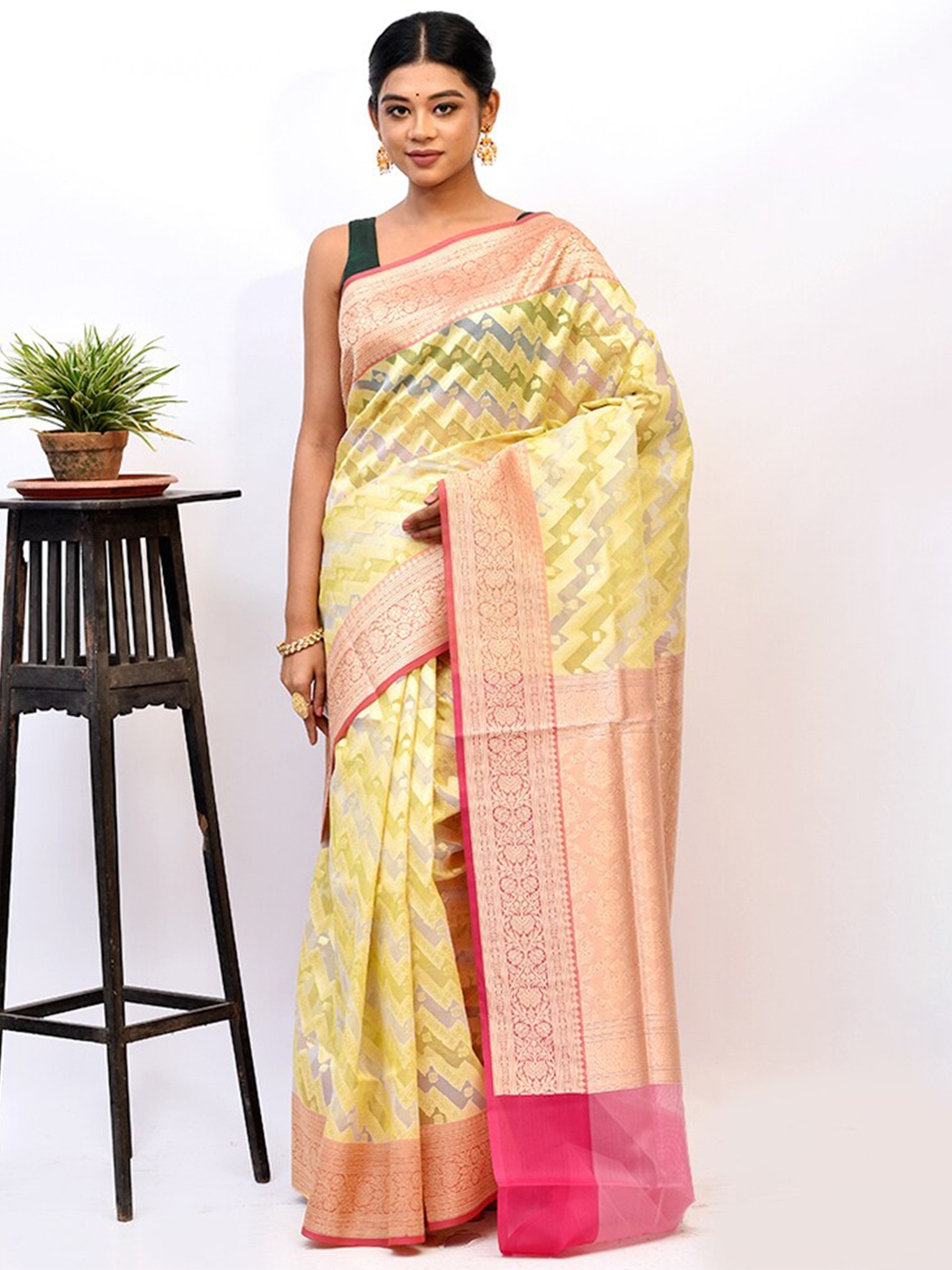

AllSilks Yellow & Pink Woven Design Zari Kora Silk Cotton Saree