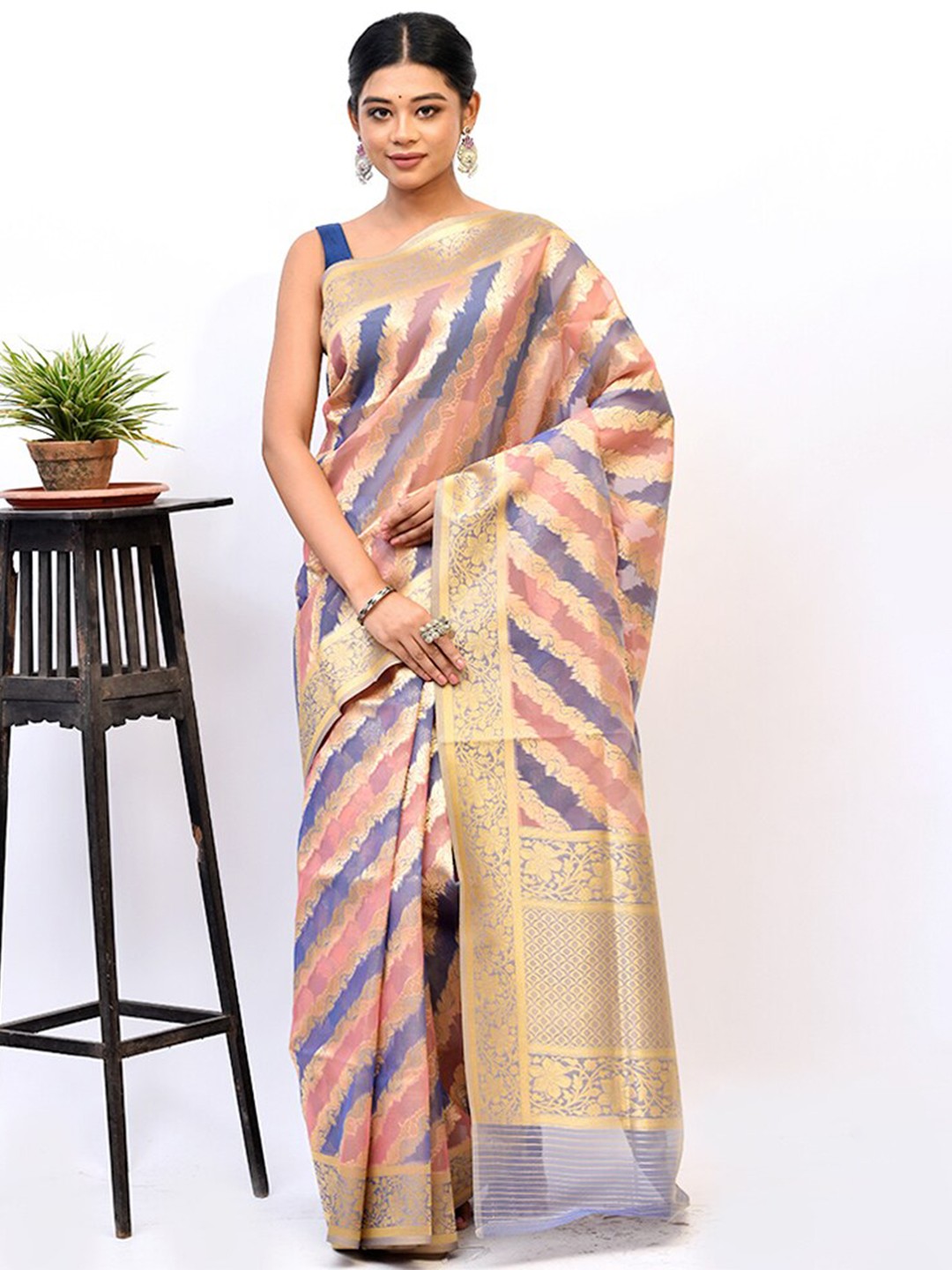 

AllSilks Peach-Coloured & Blue Woven Design Zari Kora Silk Cotton Saree