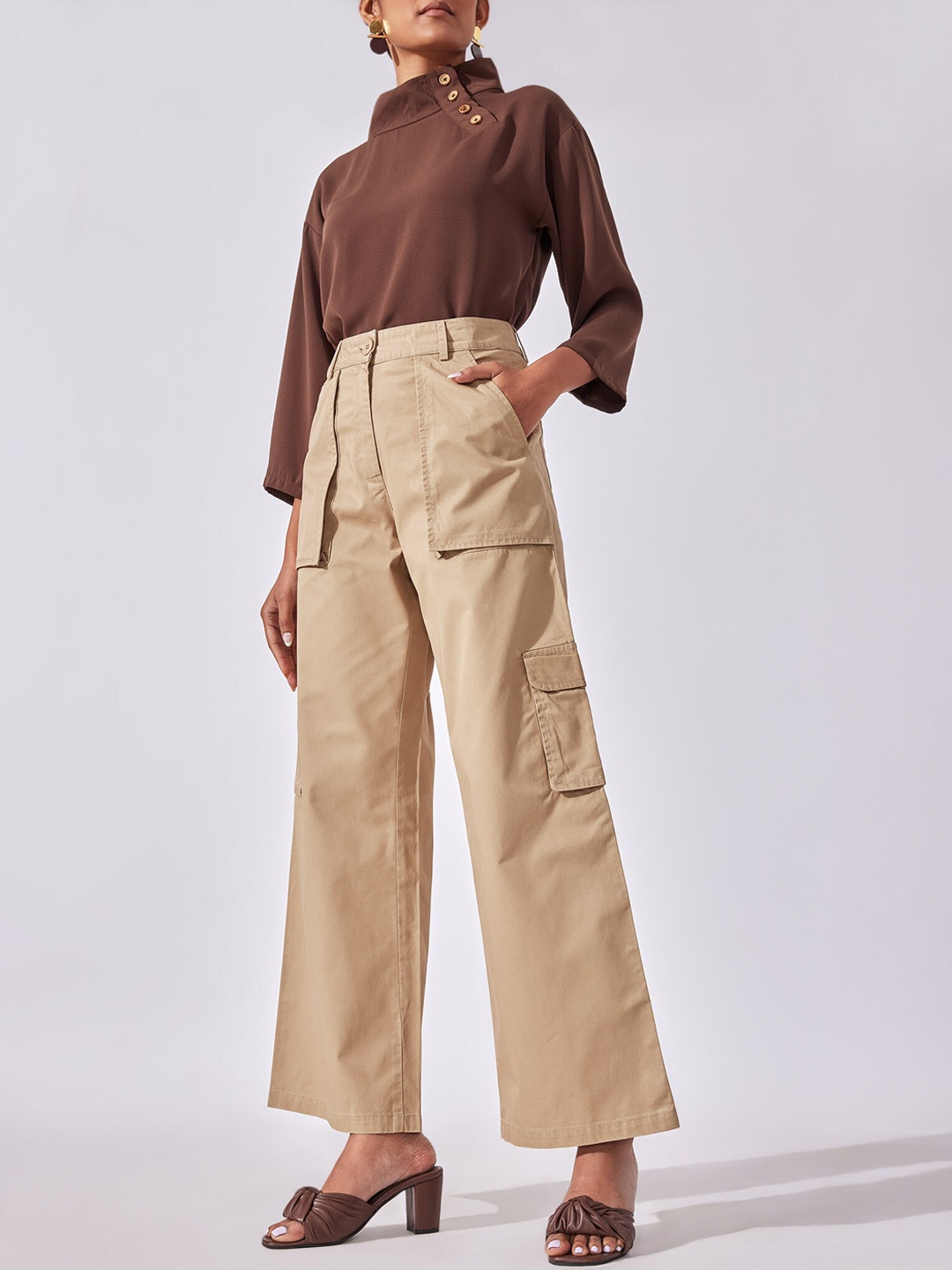 

The Label Life Women Khaki Straight Fit Cotton Parallel Cargo Trouser
