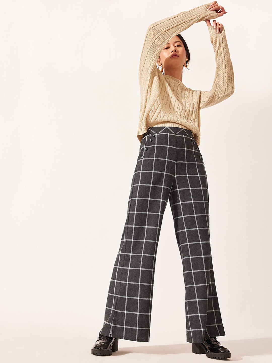 

The Label Life Women Grey & White Checked Cotton Loose Fit Parallel Trouser