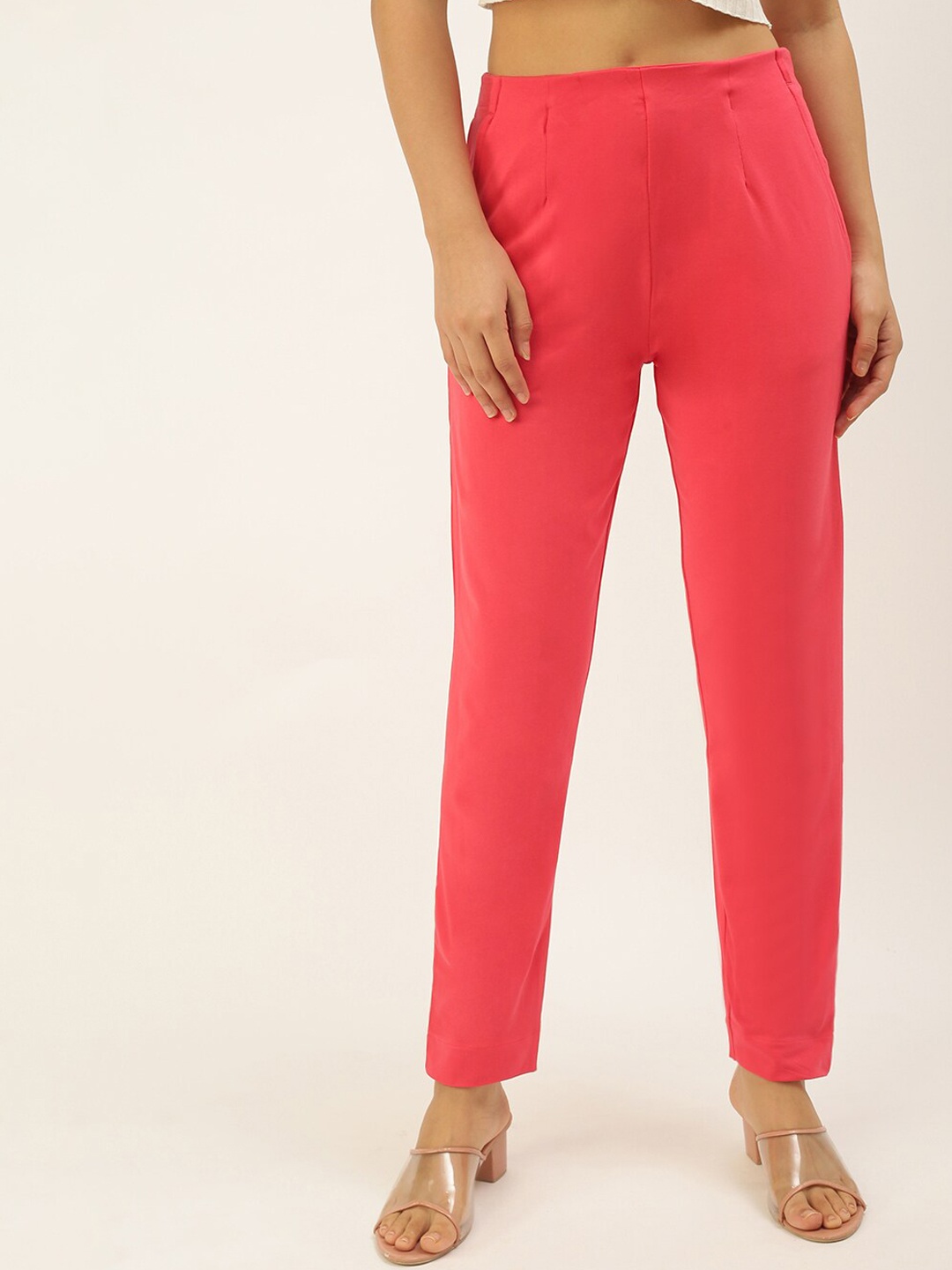 

De Moza Women Coral Cotton Pleated Cigarette Trousers