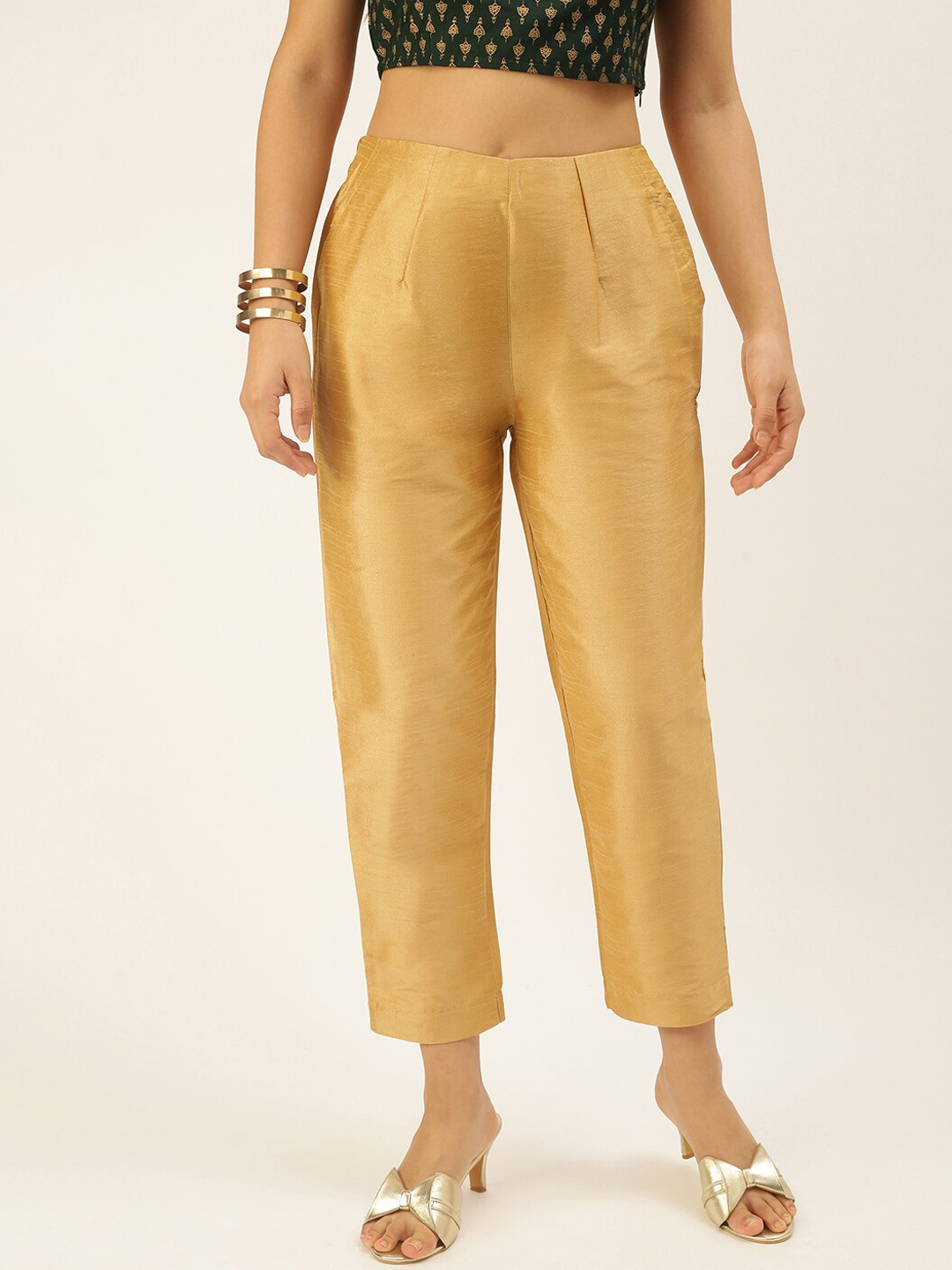 

De Moza Women Gold-Toned Pleated Cigarette Trousers