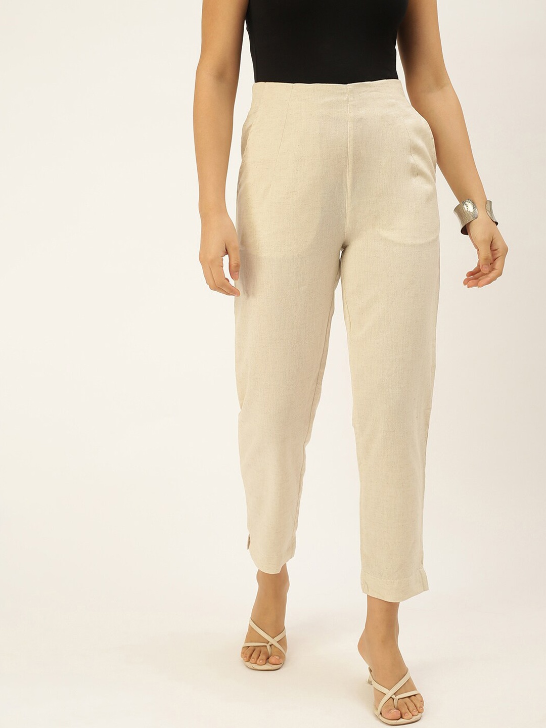 

De Moza Women Beige Cotton Solid Cigarette Trousers