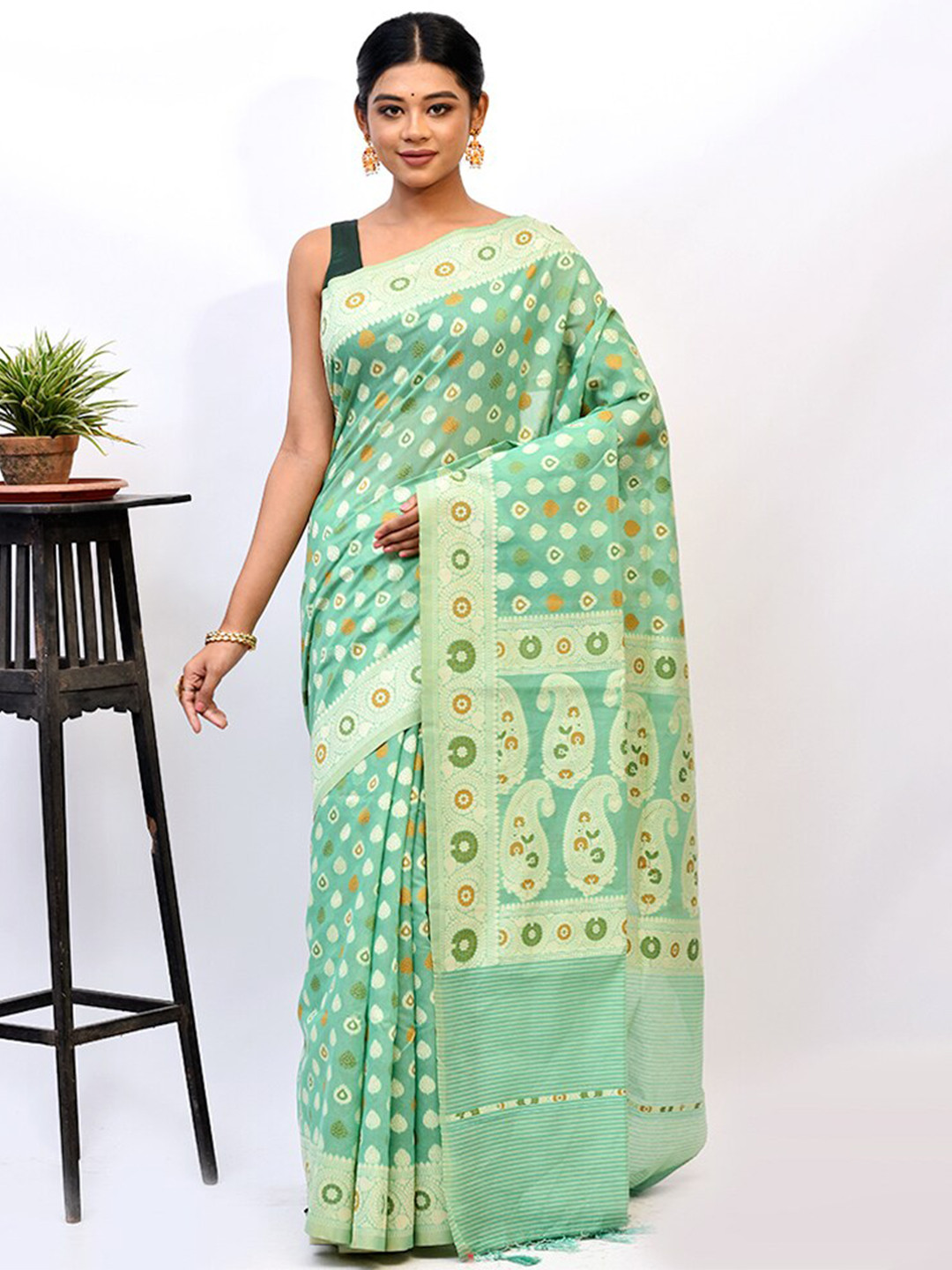 

AllSilks Green & Yellow Woven Design Zari Kora Silk Cotton Saree