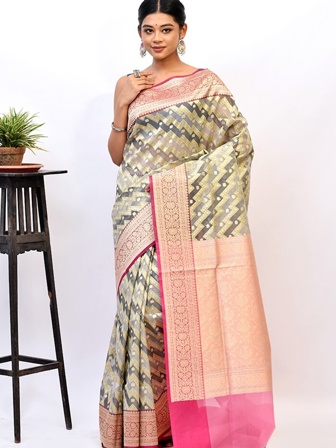 

AllSilks Grey & Pink Woven Design Zari Kora Silk Cotton Saree