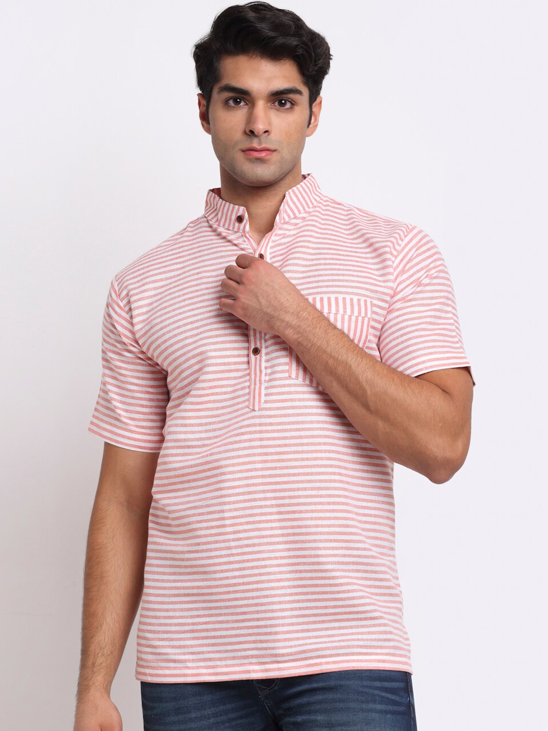 

Aarsha Men Pink & White Striped Pure Cotton Kurta