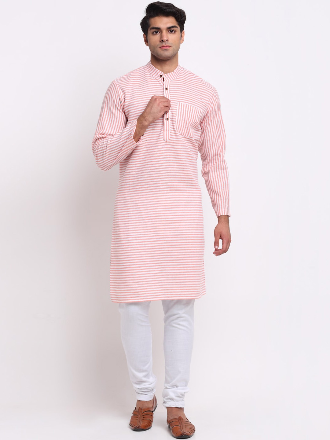 

Aarsha Men Pink & White Striped Pure Cotton Kurta
