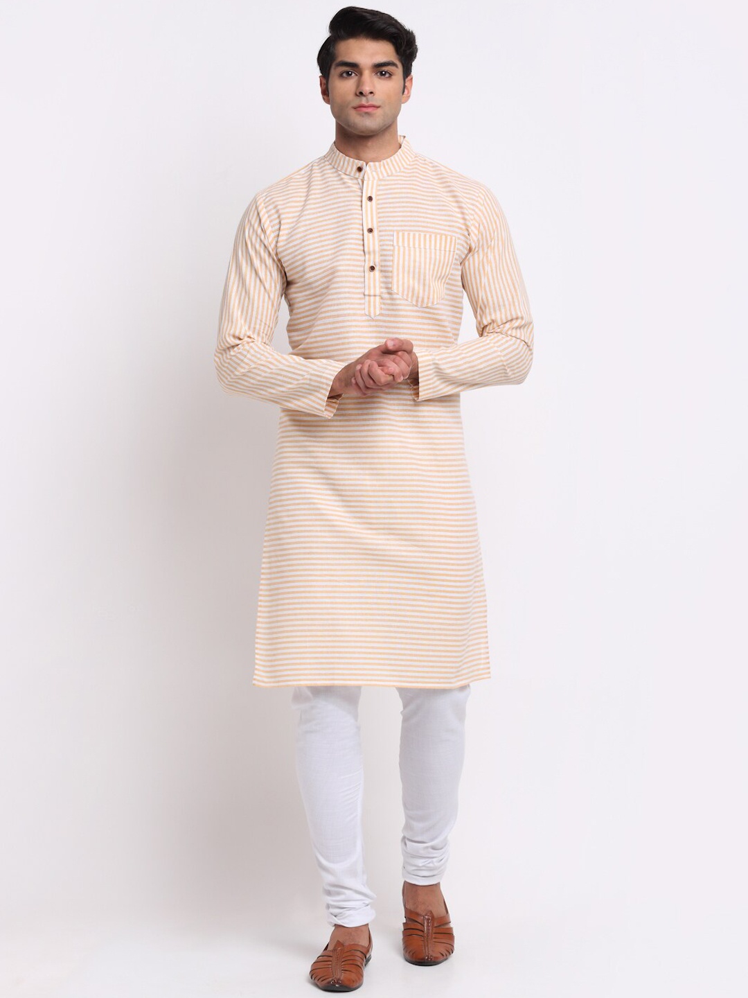 

Aarsha Men Orange & White Striped Pure Cotton Kurta