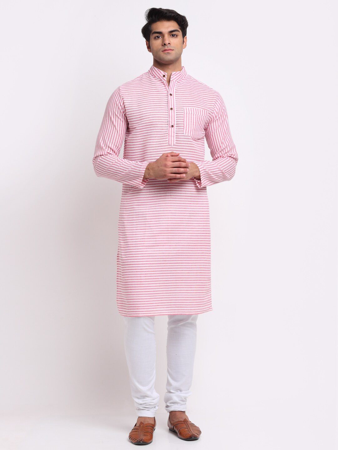 

Aarsha Men Pink & White Striped Pure Cotton Kurta