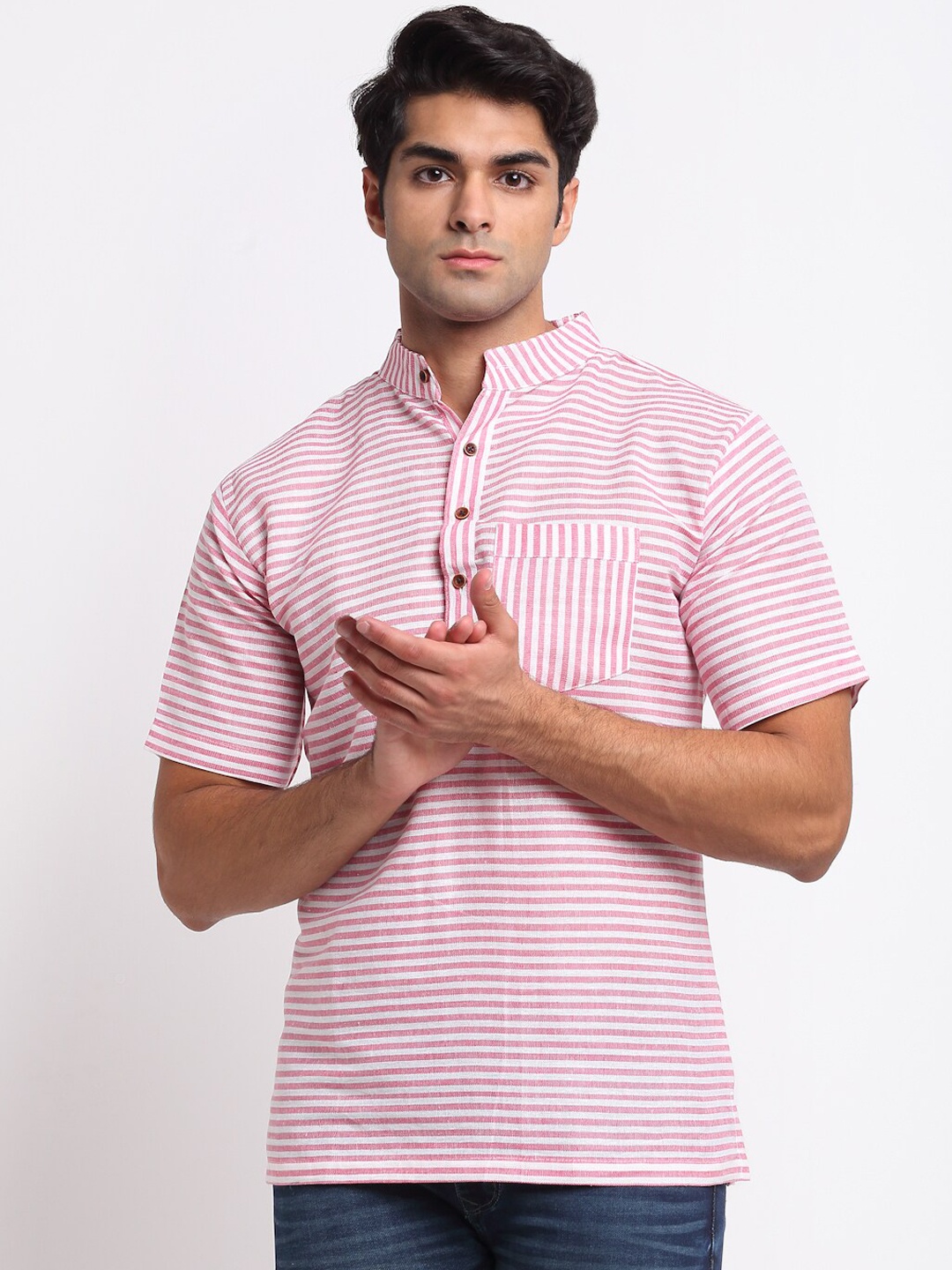 

Aarsha Men Pink & White Striped Pure Cotton Kurta