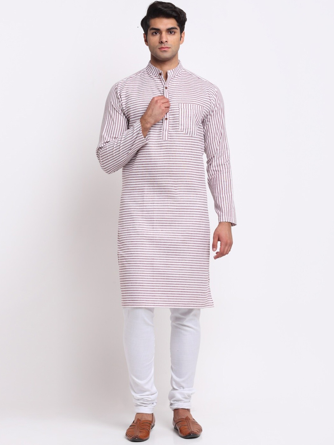 

Aarsha Men Purple & White Striped Pure Cotton Kurta