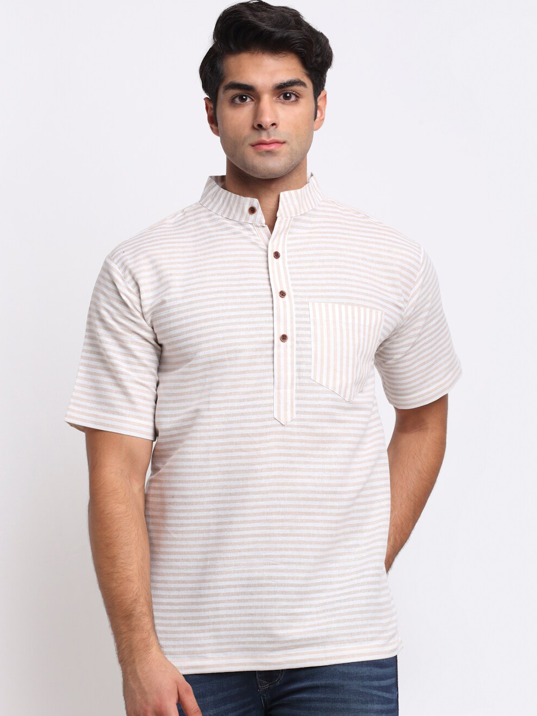 

Aarsha Men Brown & White Striped Pure Cotton Kurta