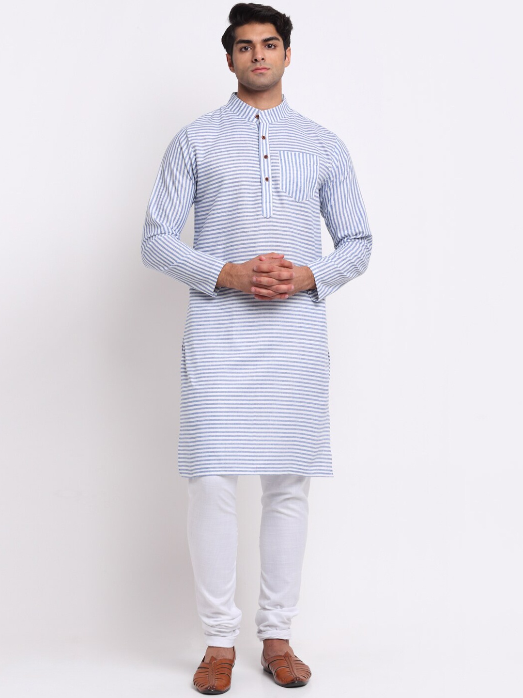 

Aarsha Men Blue & White Striped Pure Cotton Kurta