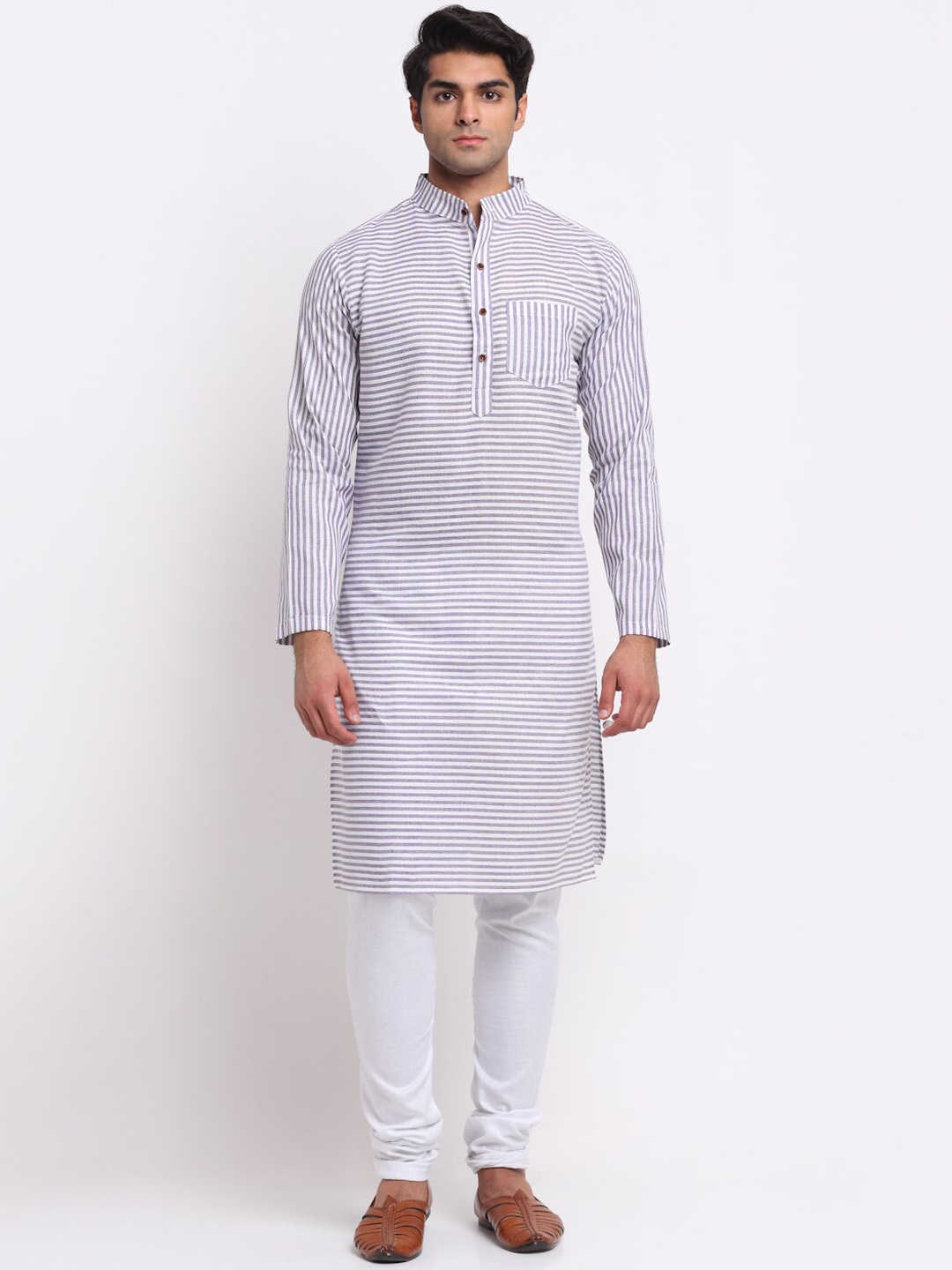 

Aarsha Men Purple & White Striped Pure Cotton Kurta