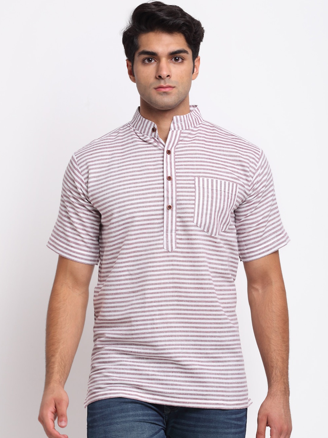 

Aarsha Men Purple & White Striped Pure Cotton Kurta