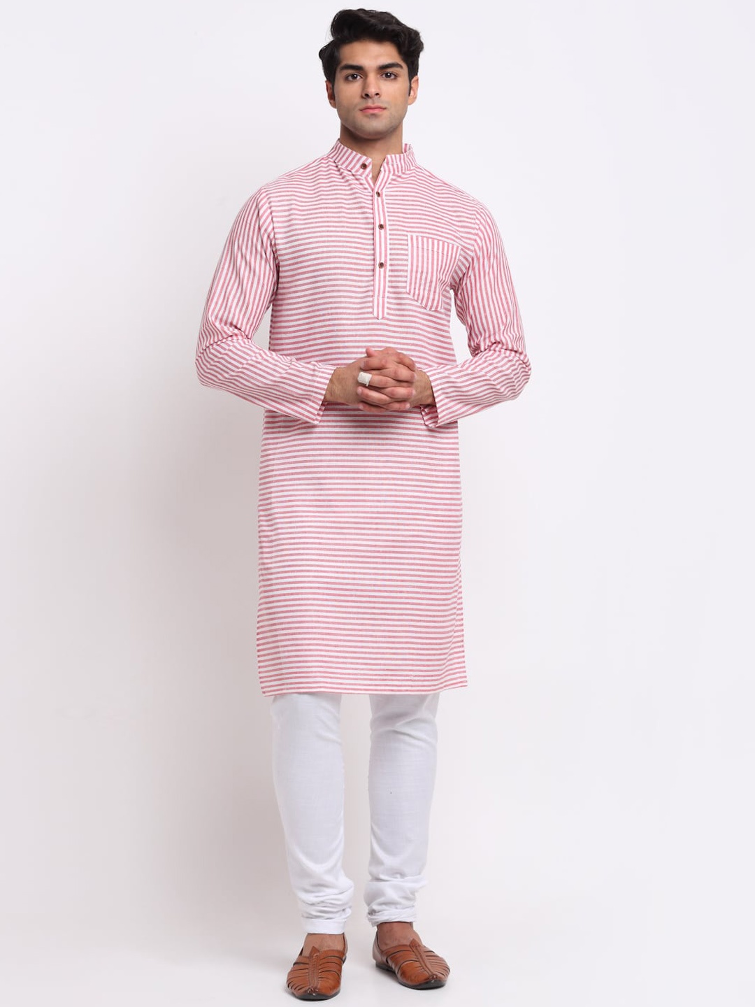 

Aarsha Men Red & White Striped Pure Cotton Kurta