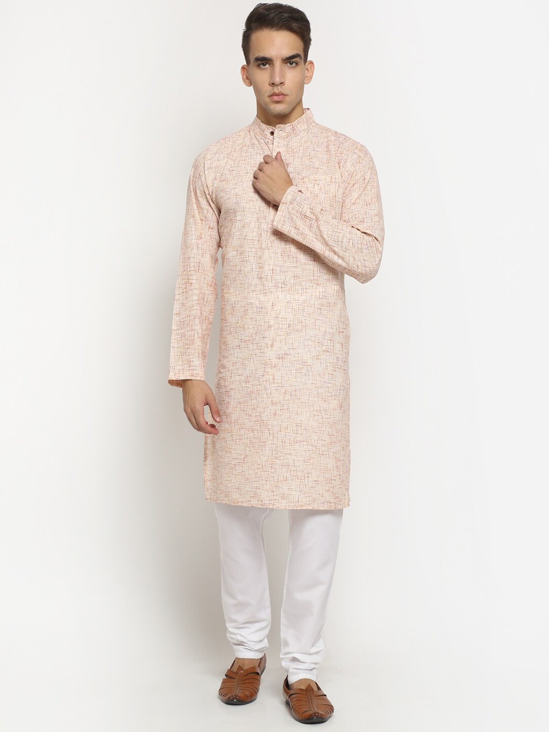 

Aarsha Woven Design Mandarin Collar Straight Regular Pure Cotton Kurta, Beige