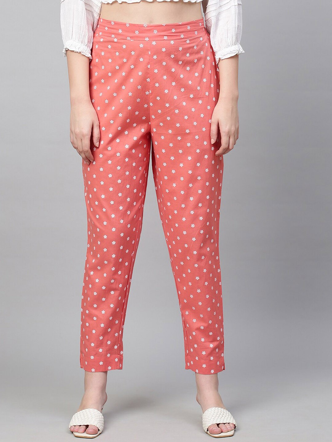 

FASHOR Women Pink Printed Cotton Comfort Straight Fit Trousers