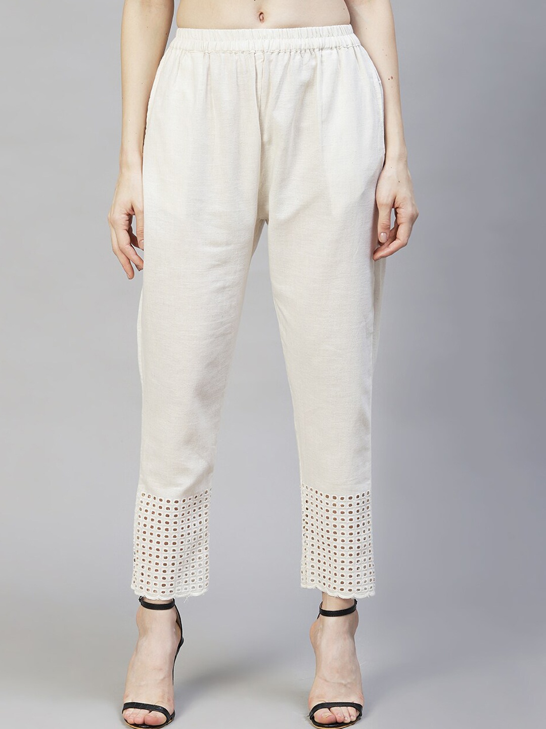 

FASHOR Women Off White Comfort Straight Fit Pleated Chinos Trousers