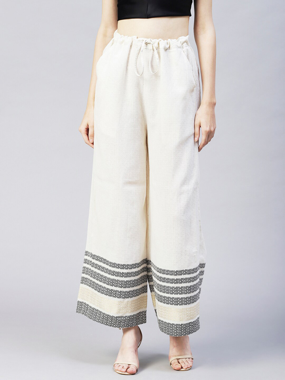 

FASHOR Women Off White & Grey Cotton Palazzos