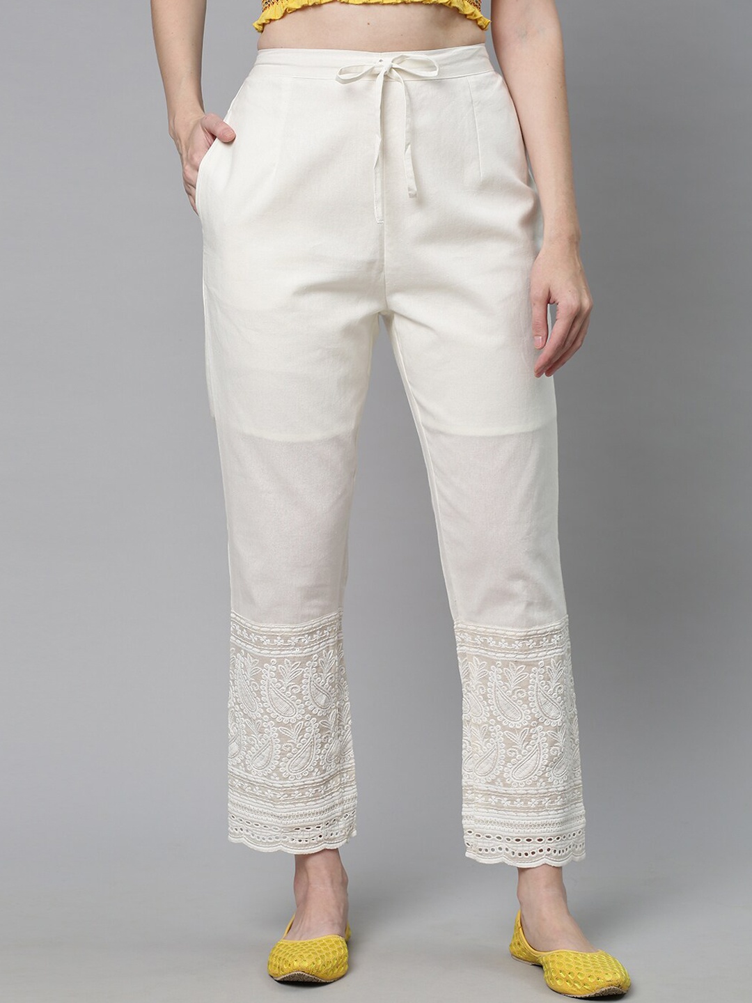 

FASHOR Women Off White Cotton Straight Fit Trousers