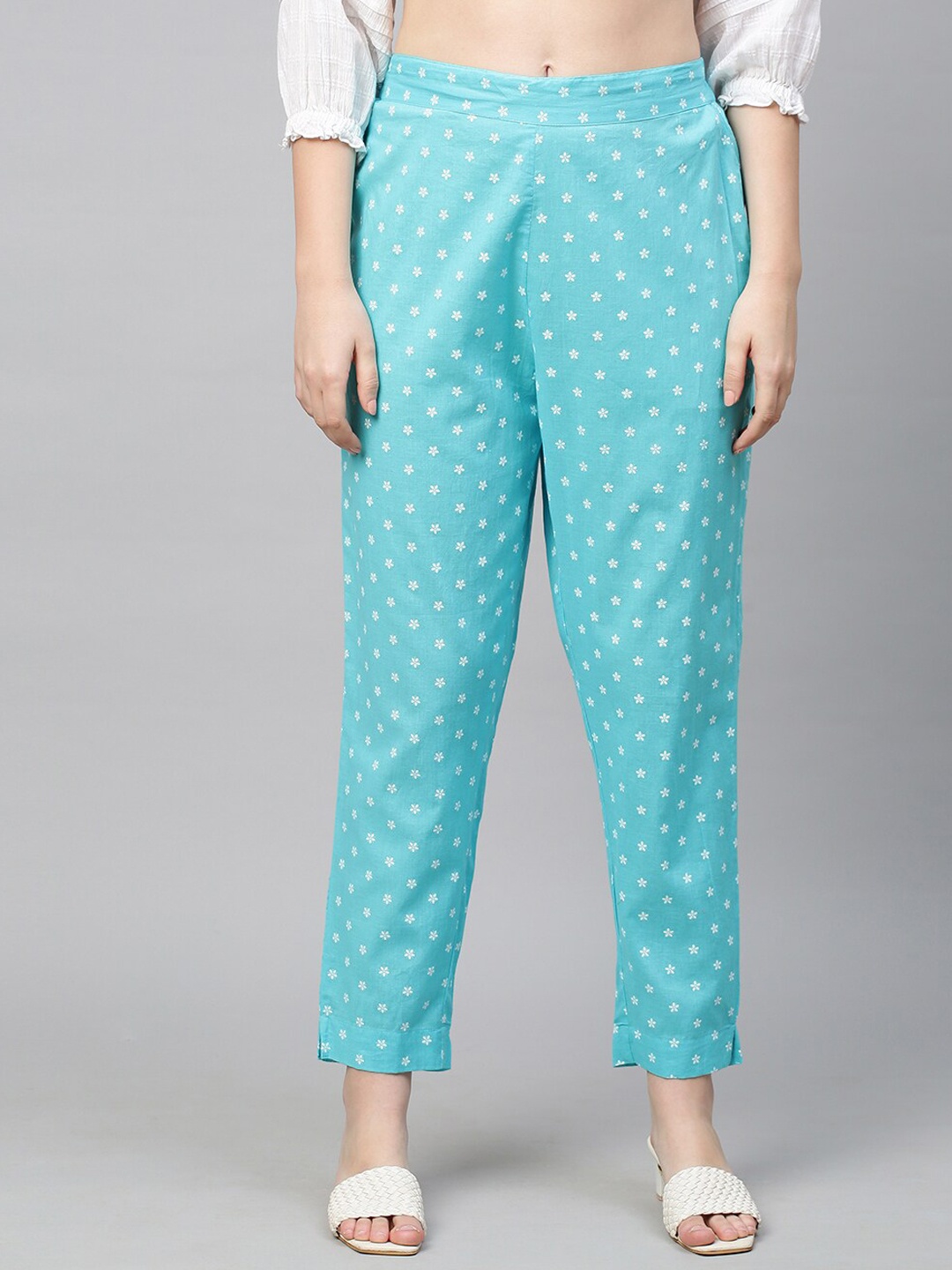 

FASHOR Women Blue Floral Cotton Straight Fit Trousers