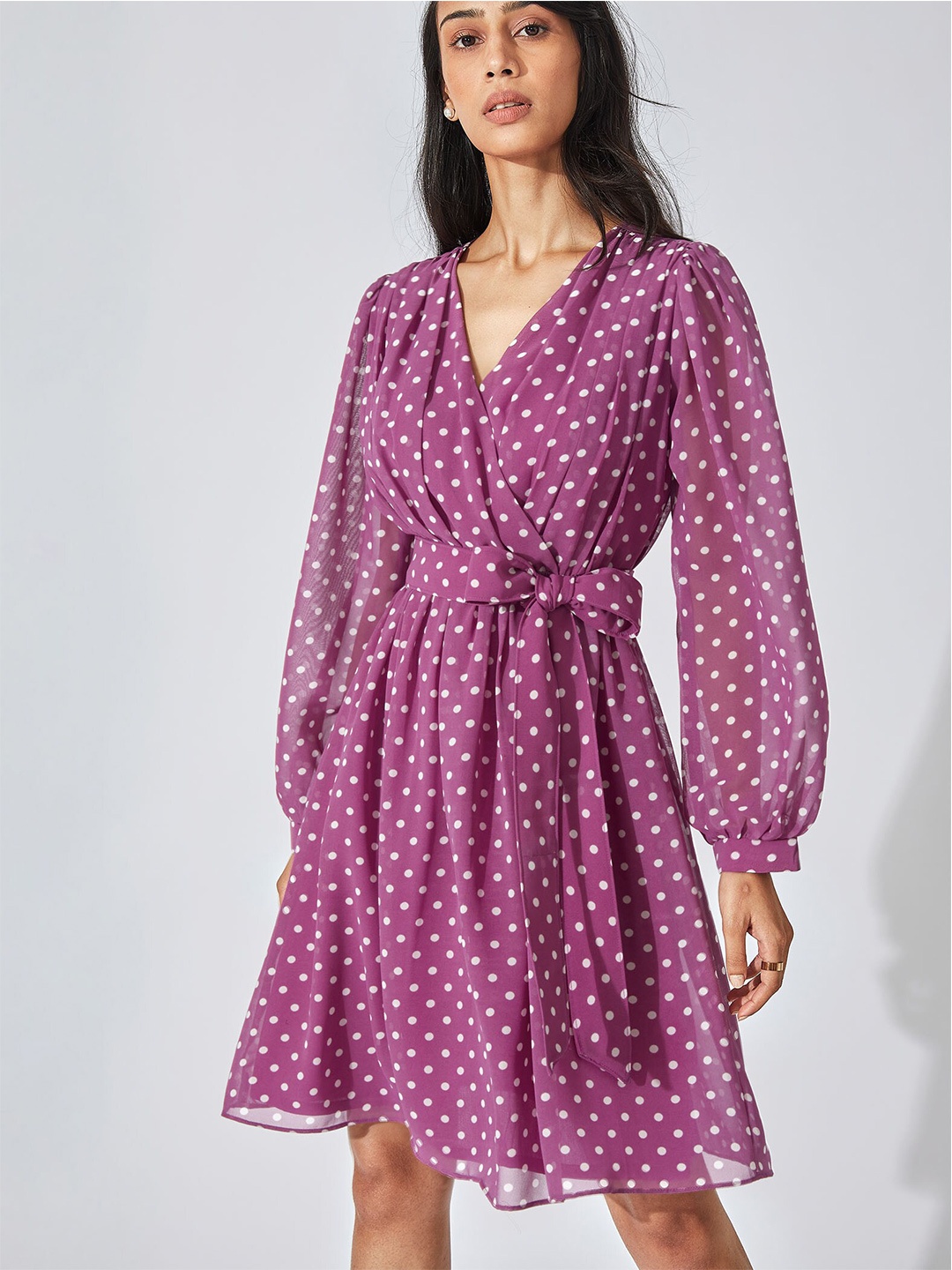 

The Label Life Women Polka Dots Printed Belted Fit And Flare Dress, Pink