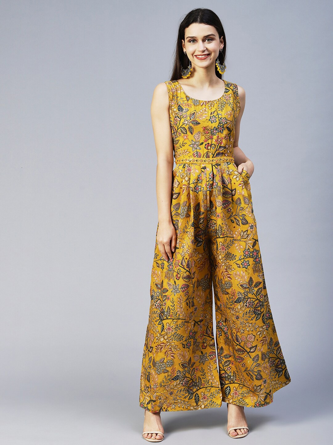 

FASHOR Mustard & Red Printed Basic Jumpsuit