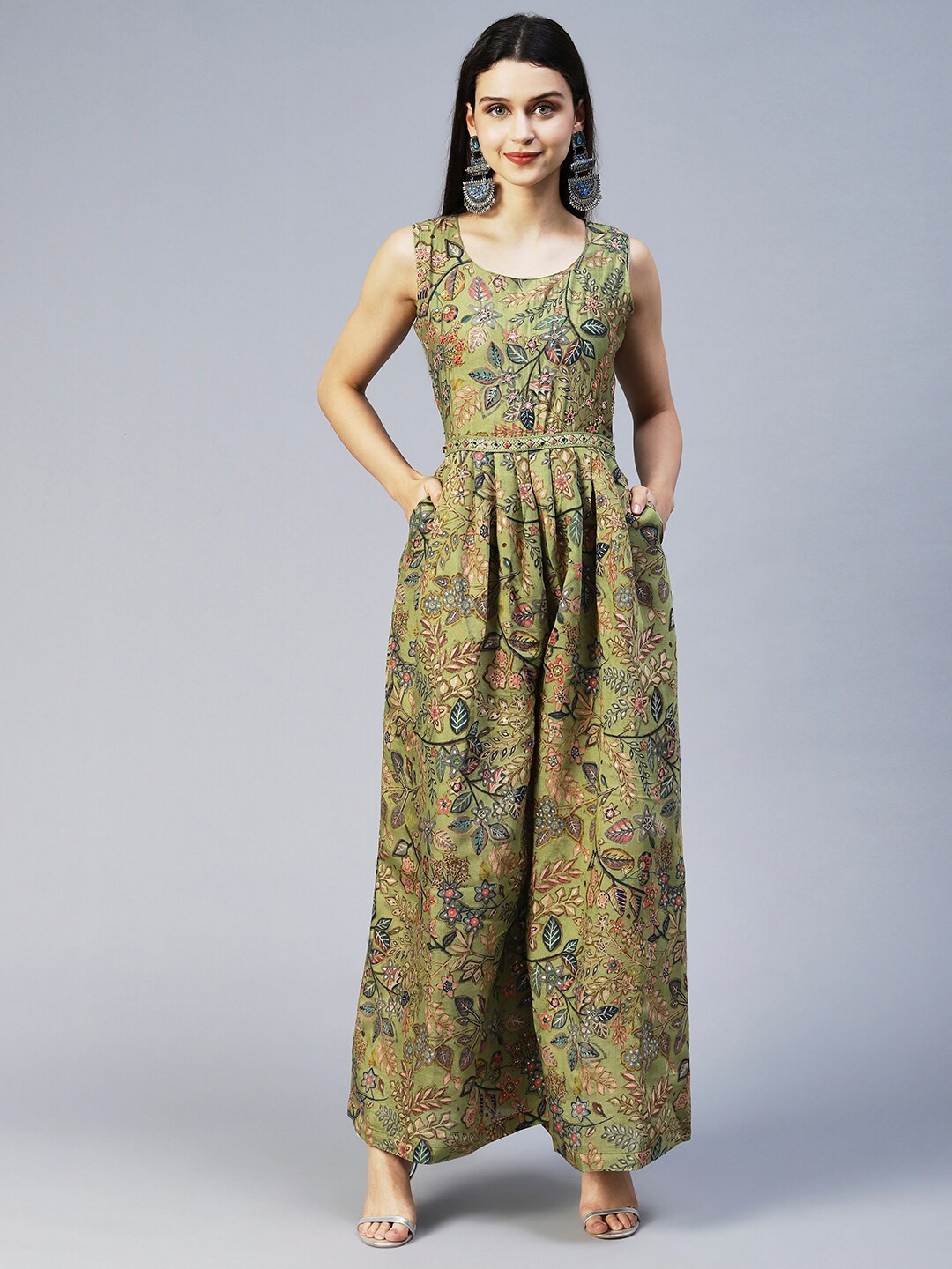 

FASHOR Green & Orange Printed Basic Jumpsuit