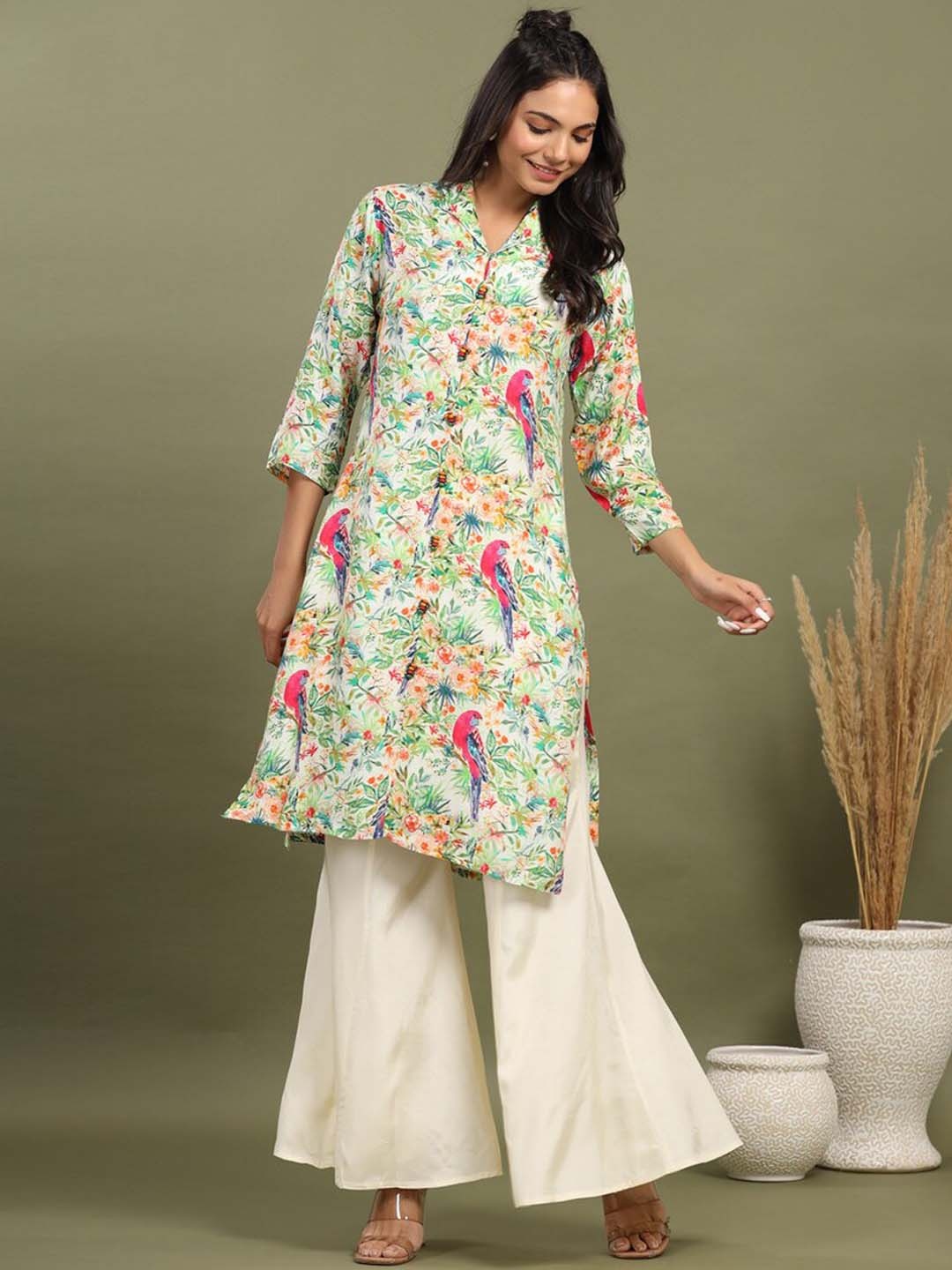 

JISORA Women Off White Printed Silk Blend Co-Ords