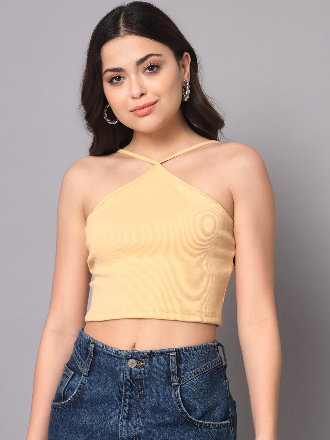 

AAHWAN Women Beige Solid Crop Top