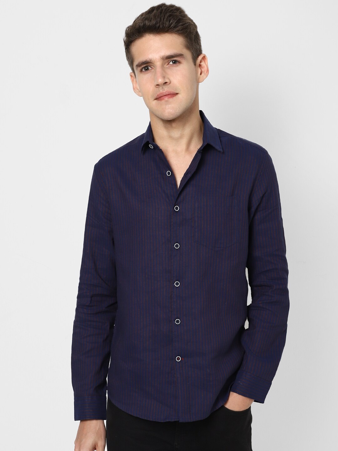 

VASTRADO Men Navy Blue Striped Cotton Casual Shirt