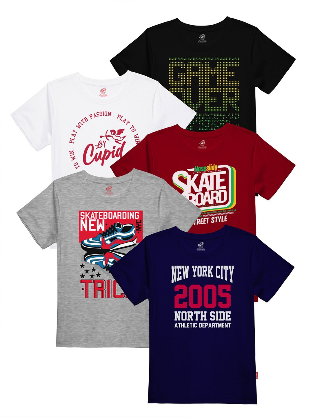 

LI'L CUPID Boys Pack of 5 Printed Cotton T-shirt, Multi