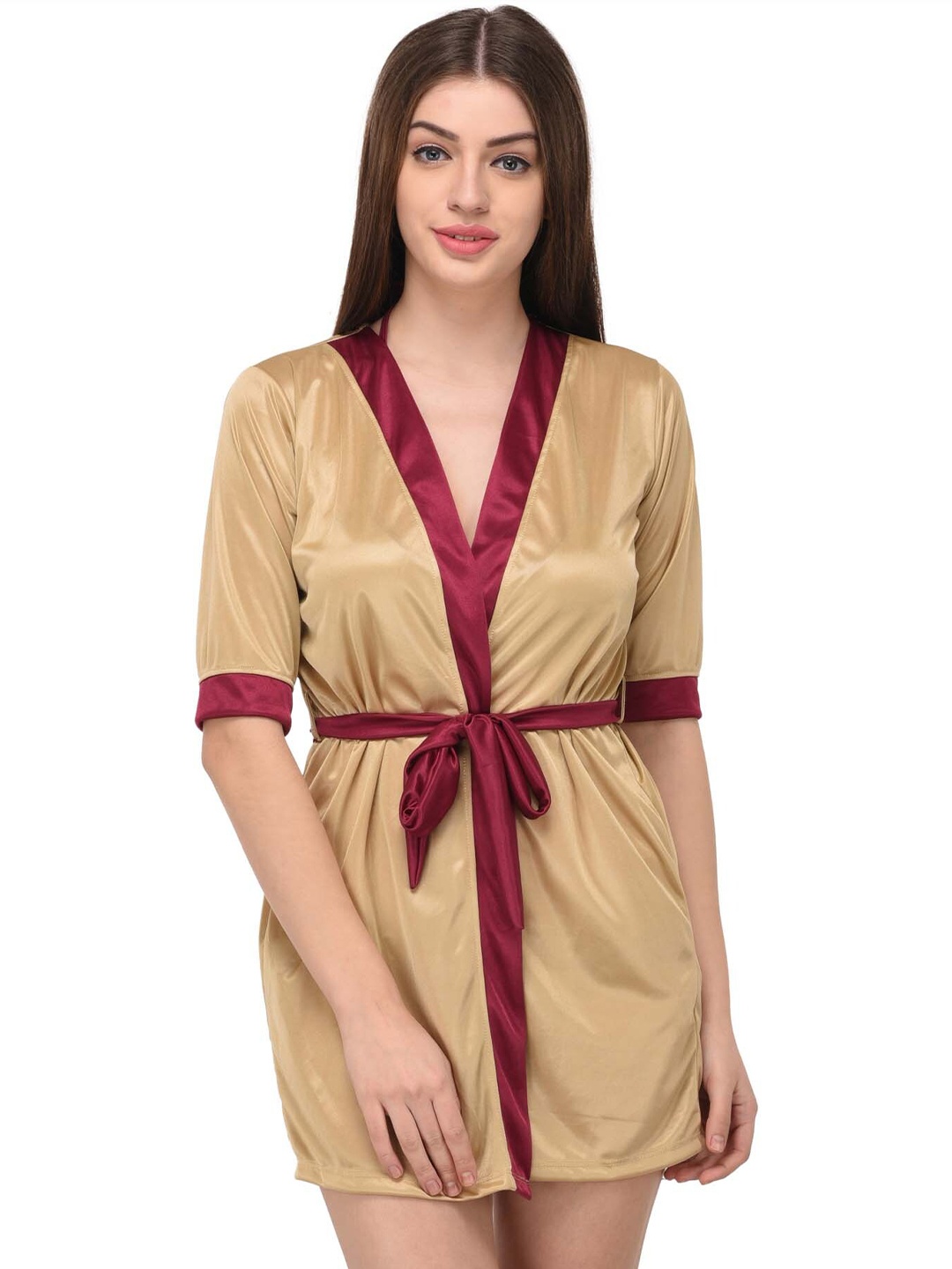

YOU FOREVER Women Solid Beige Satin Robe With Lingerie Set