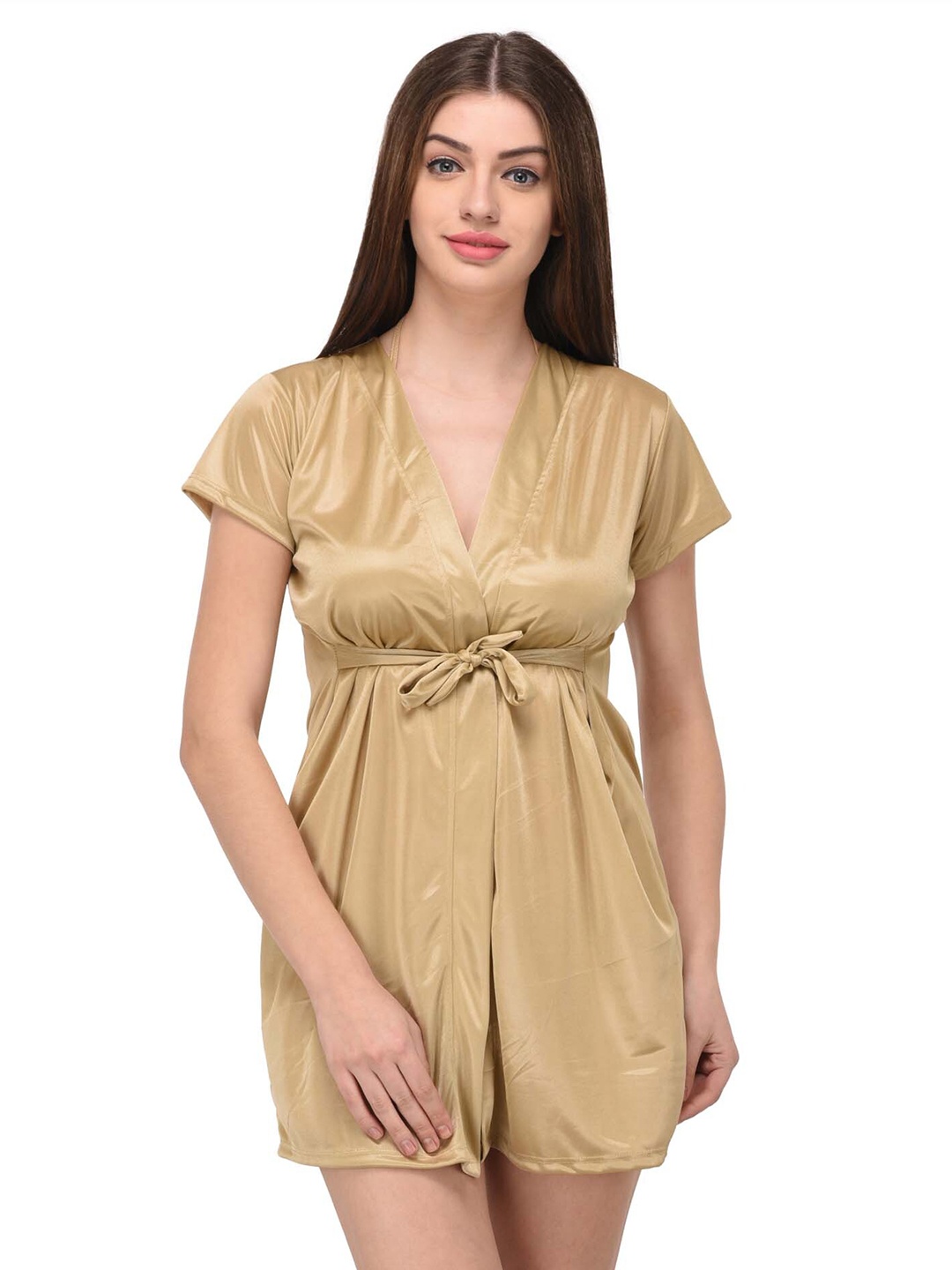 

YOU FOREVER Women Beige Solid Satin Robe With Lingerie Set