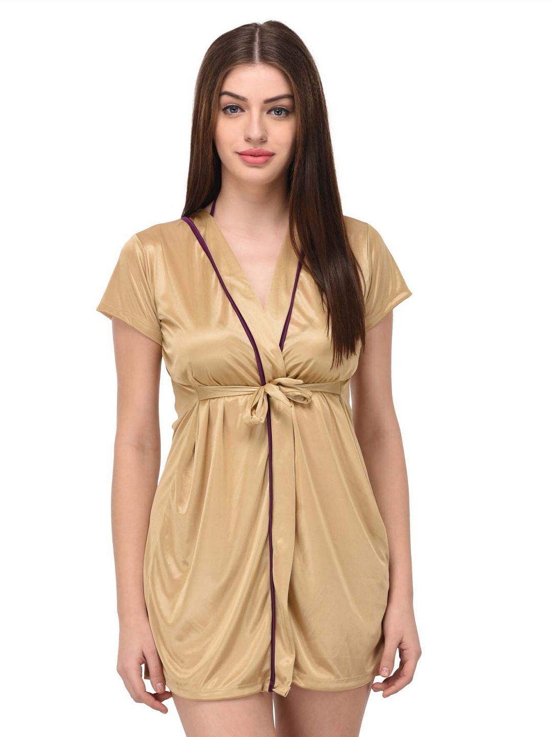 

YOU FOREVER Women Beige Satin Robe With Lingerie Set