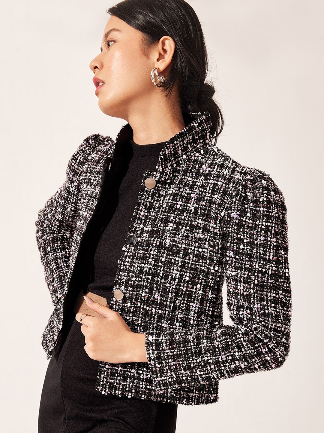 

The Label Life Women Black & White Self Design Tailored Jacket