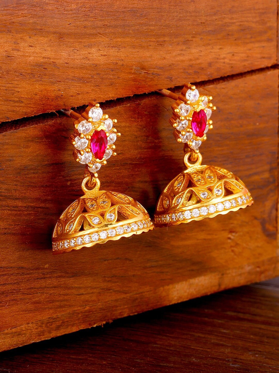 

GIVA Gold-Toned & Red Gold Plated Artificial Stones Contemporary Jhumkas Earrings