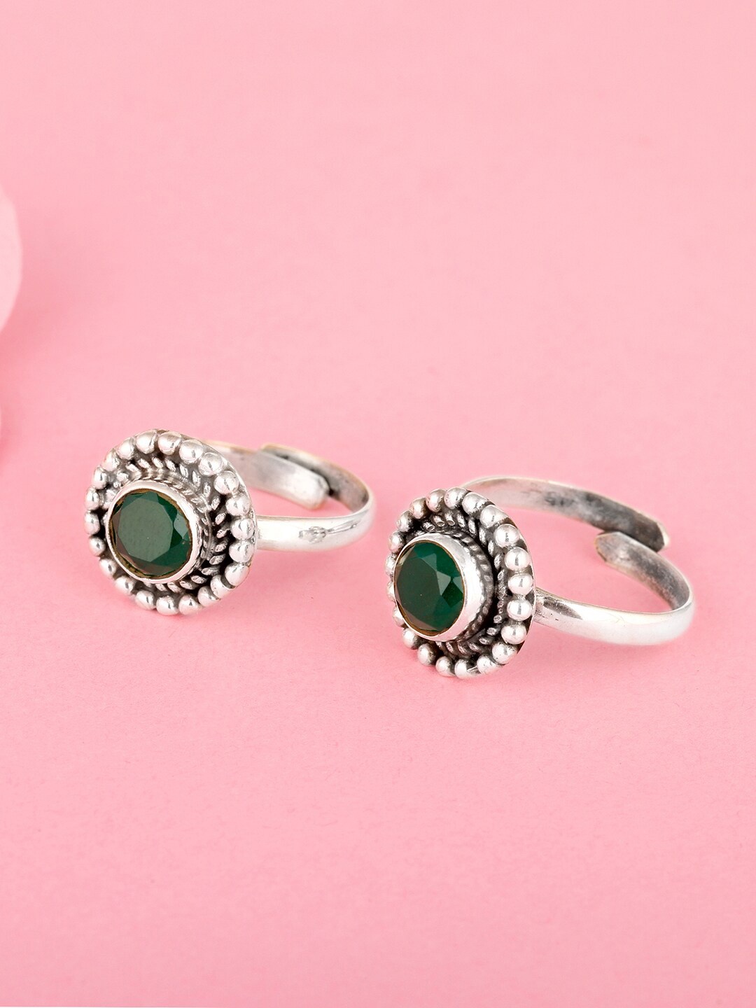 

GIVA 925 Sterling Silver Oxidised Silver-toned Green Stone Studded Toe Rings