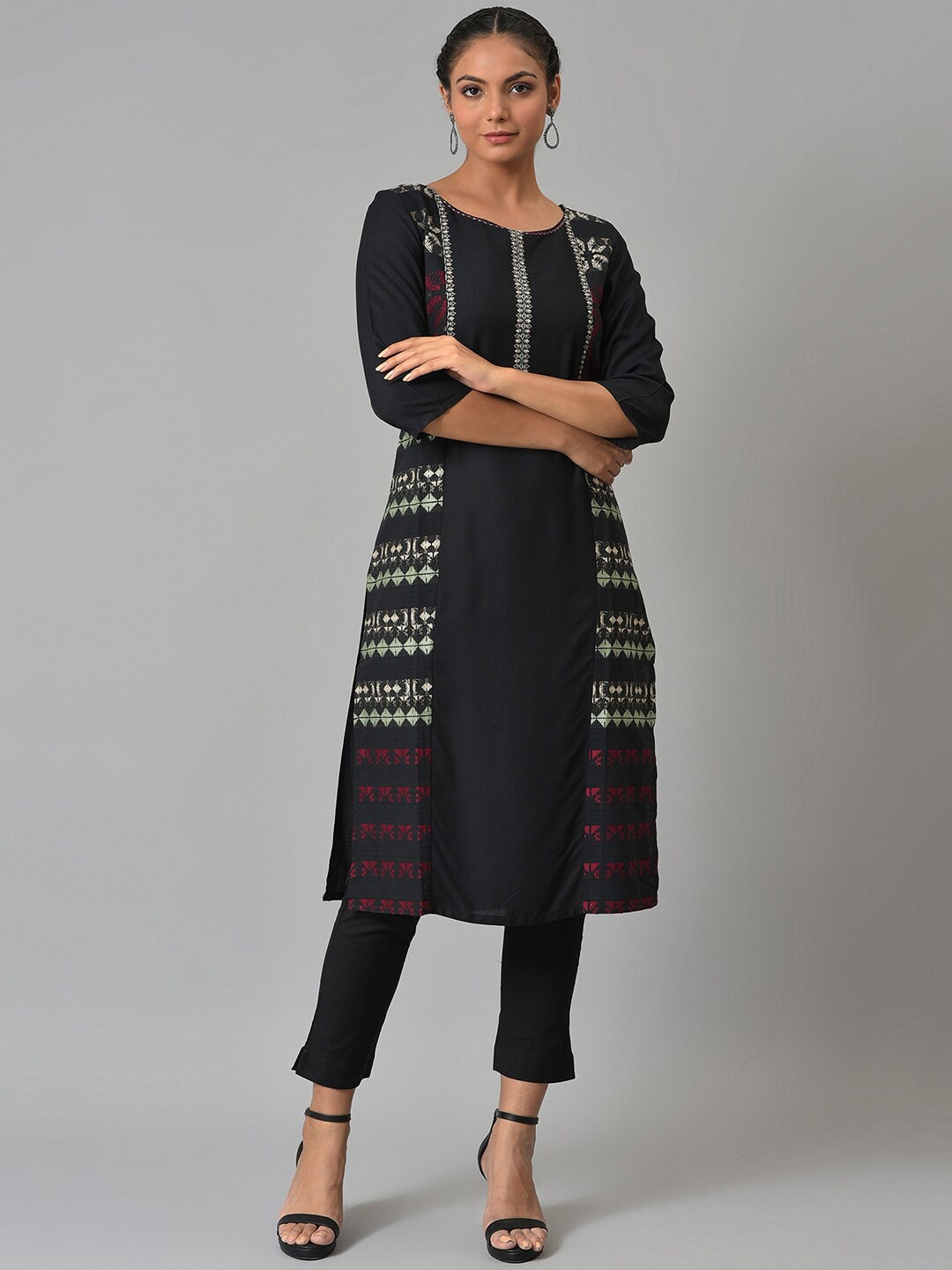 

W Geometric Printed Cotton Kurta, Black