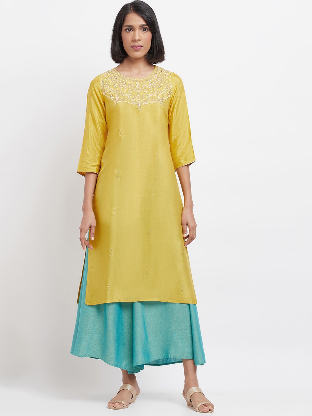 

W Floral Embroidered Thread Work Kurta, Yellow