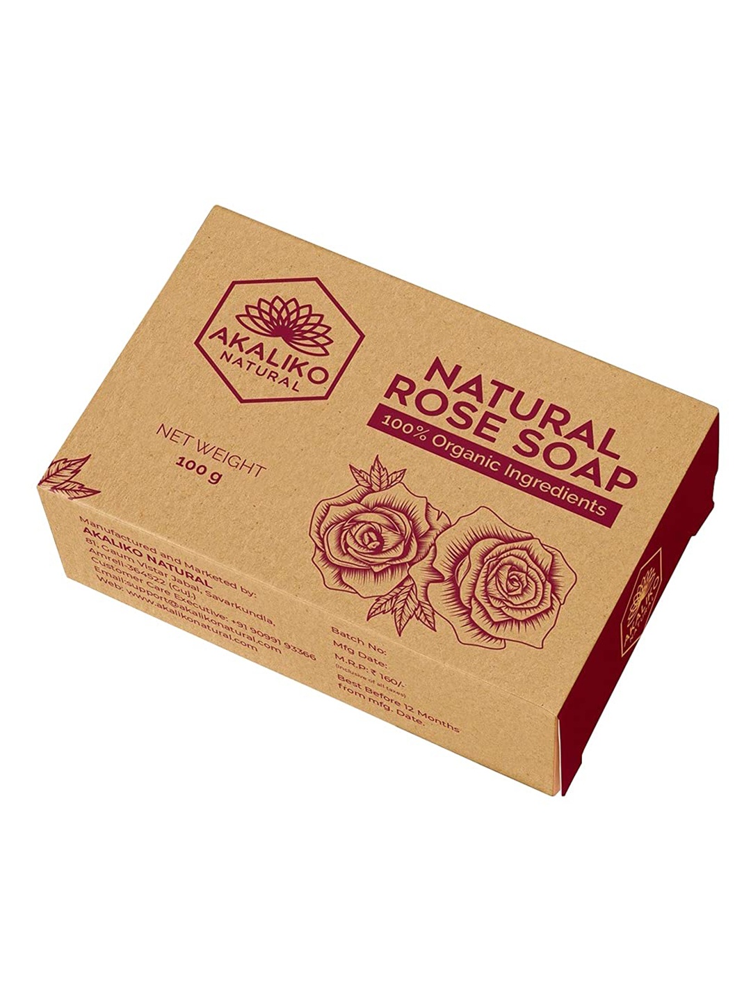 

Akaliko Natural Set of 3 100% Organic Natural Rose Soap - 100g each, Beige