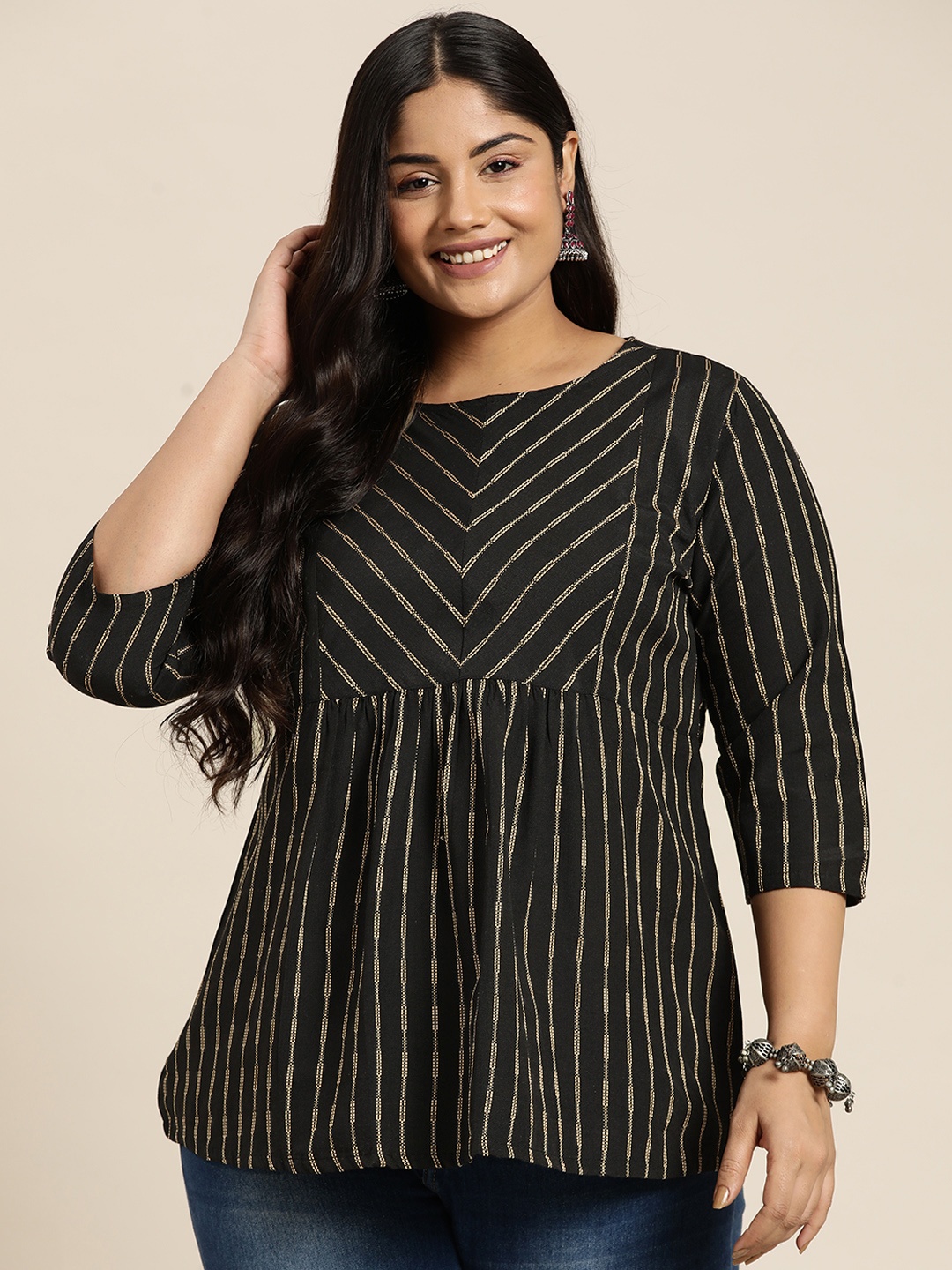 

Sztori Plus Size Woven Design Pleated Kurti, Black