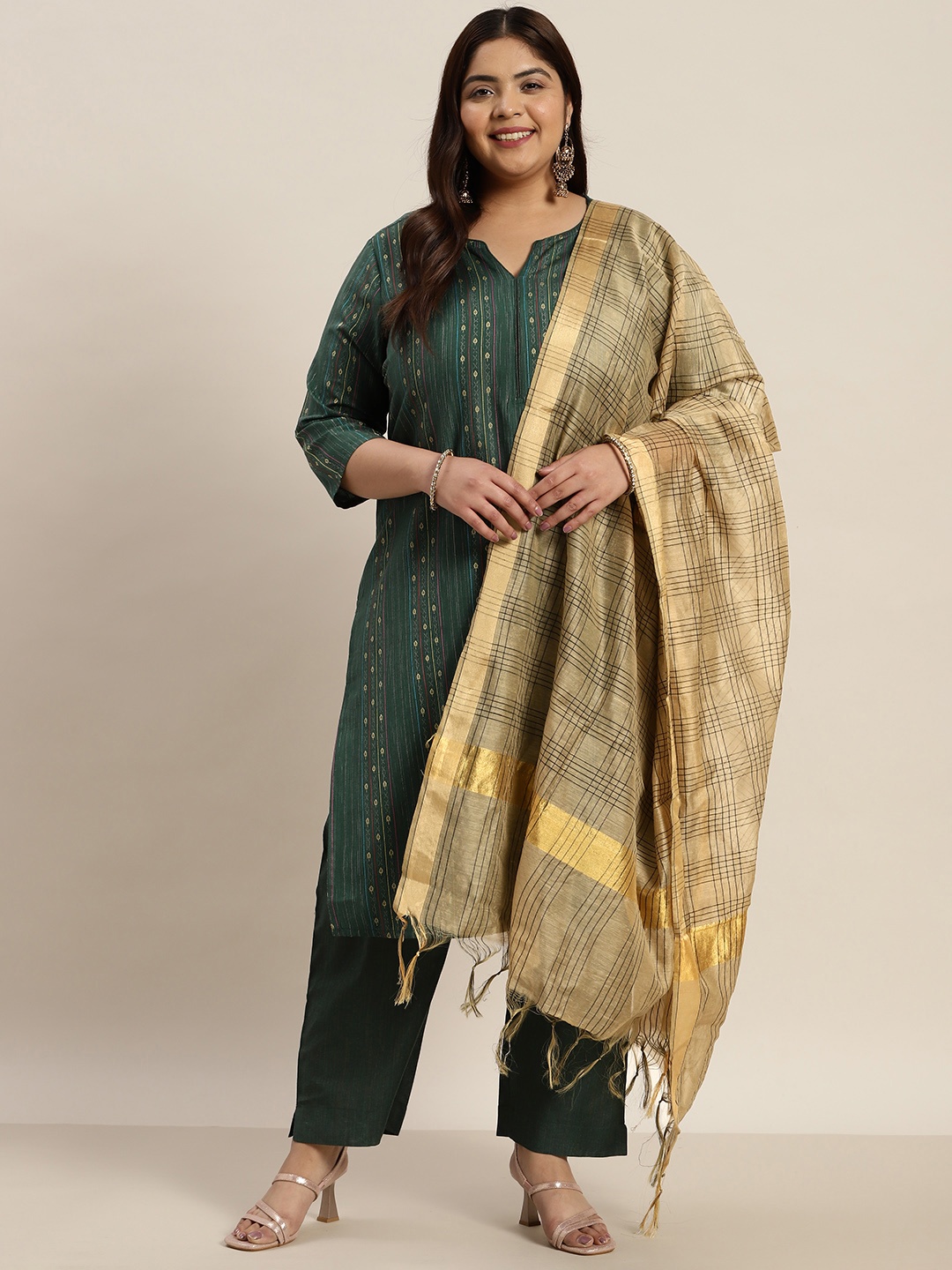 

Sztori Plus Size Striped Woven Design Kurta with Trousers & Dupatta, Green